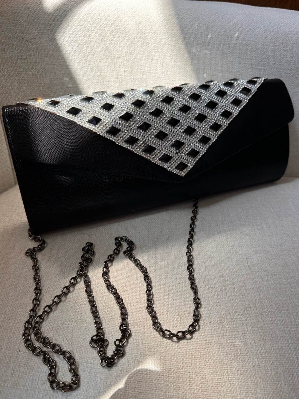 Black Rhinestone-Trim Evening Clutch with Gunmetal Chain